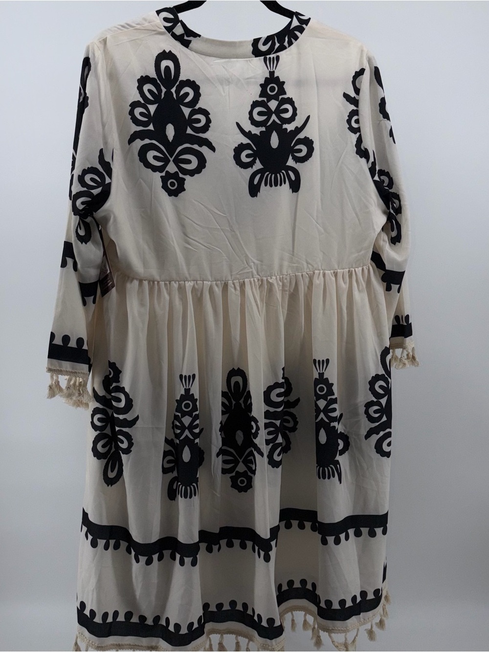 Southwestern Mini Dress Ivory Black BabyDoll, Tassels, Boho, Women's Size Large - Picture 2 of 9